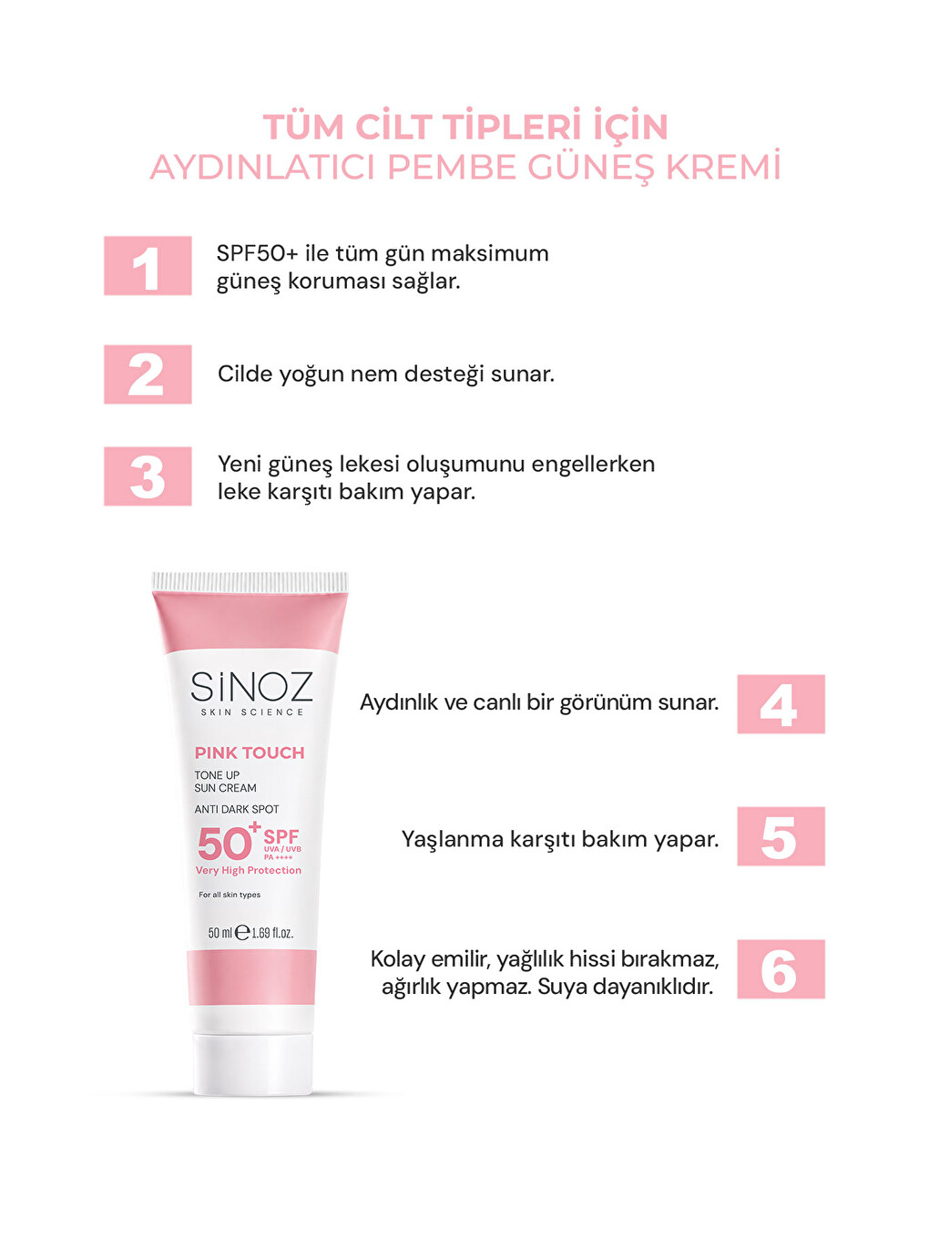 Pink Touch Spf50+ Cilt Aydınlatıcı Pembe Yüz Güneş Kremi 50ml-tüm Ciltler Için-pa++++-1