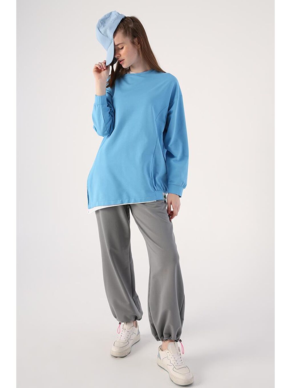 Mavi-Pamuklu Garnili İki Renkli Asimetrik Elastanlı Sweat-4