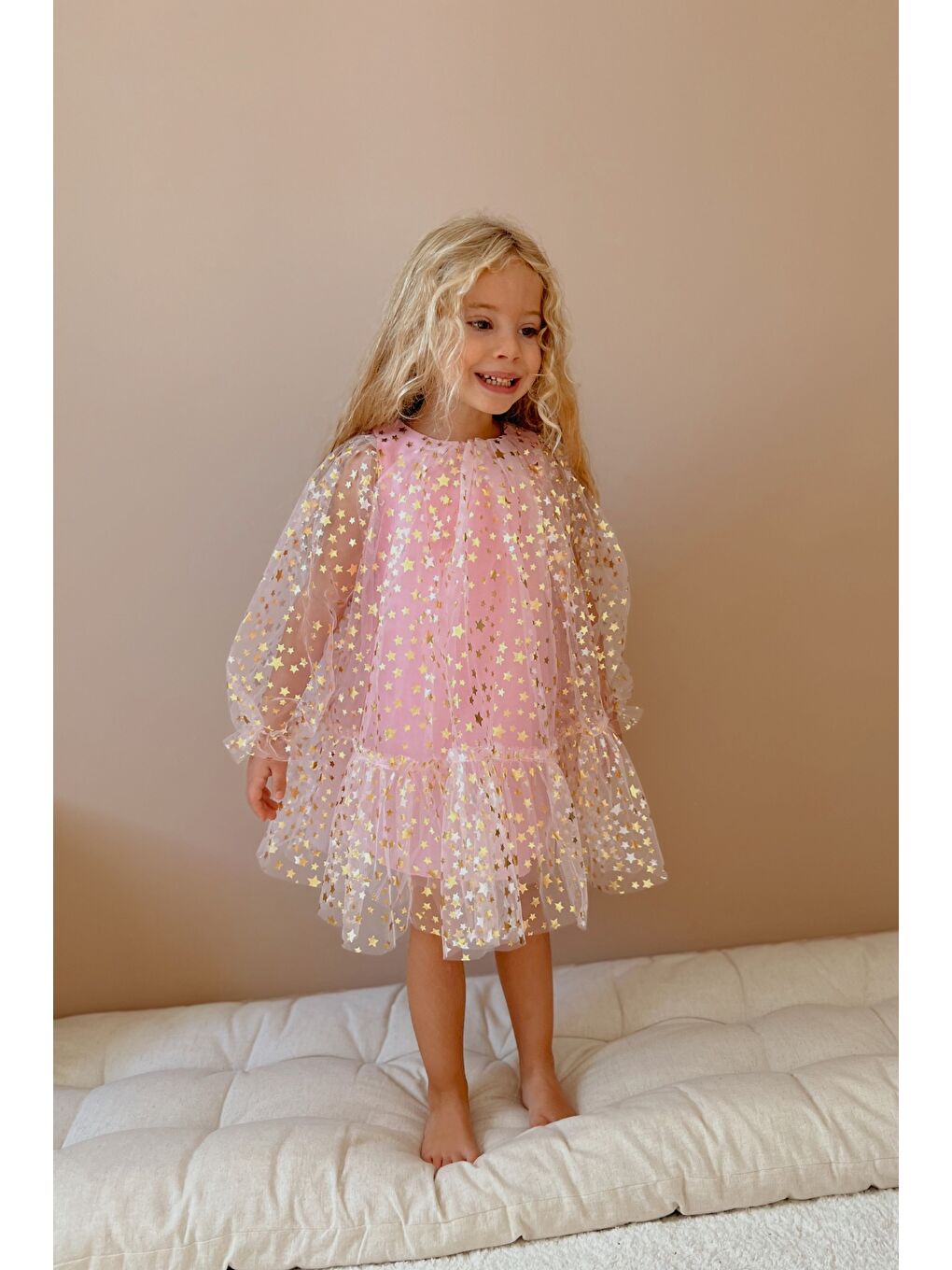 Pembe Balon Kollu Yıldız Baskılı Kız Çocuk Elbise - Daria