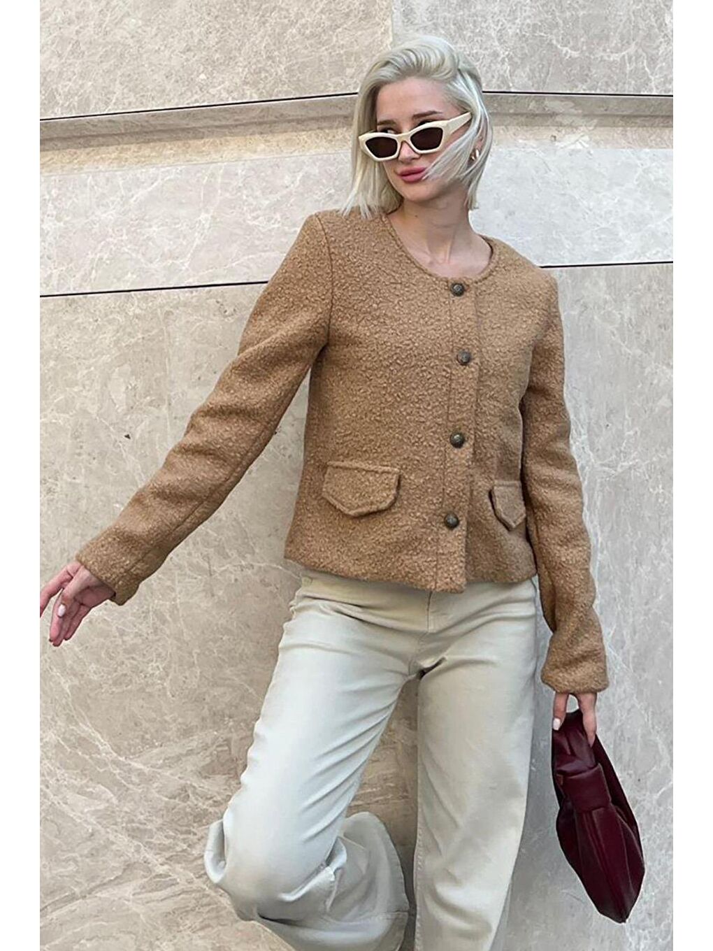 Bej Vizon Düğmeli Buklet Triko Cep Detaylı Ceket Mg2170