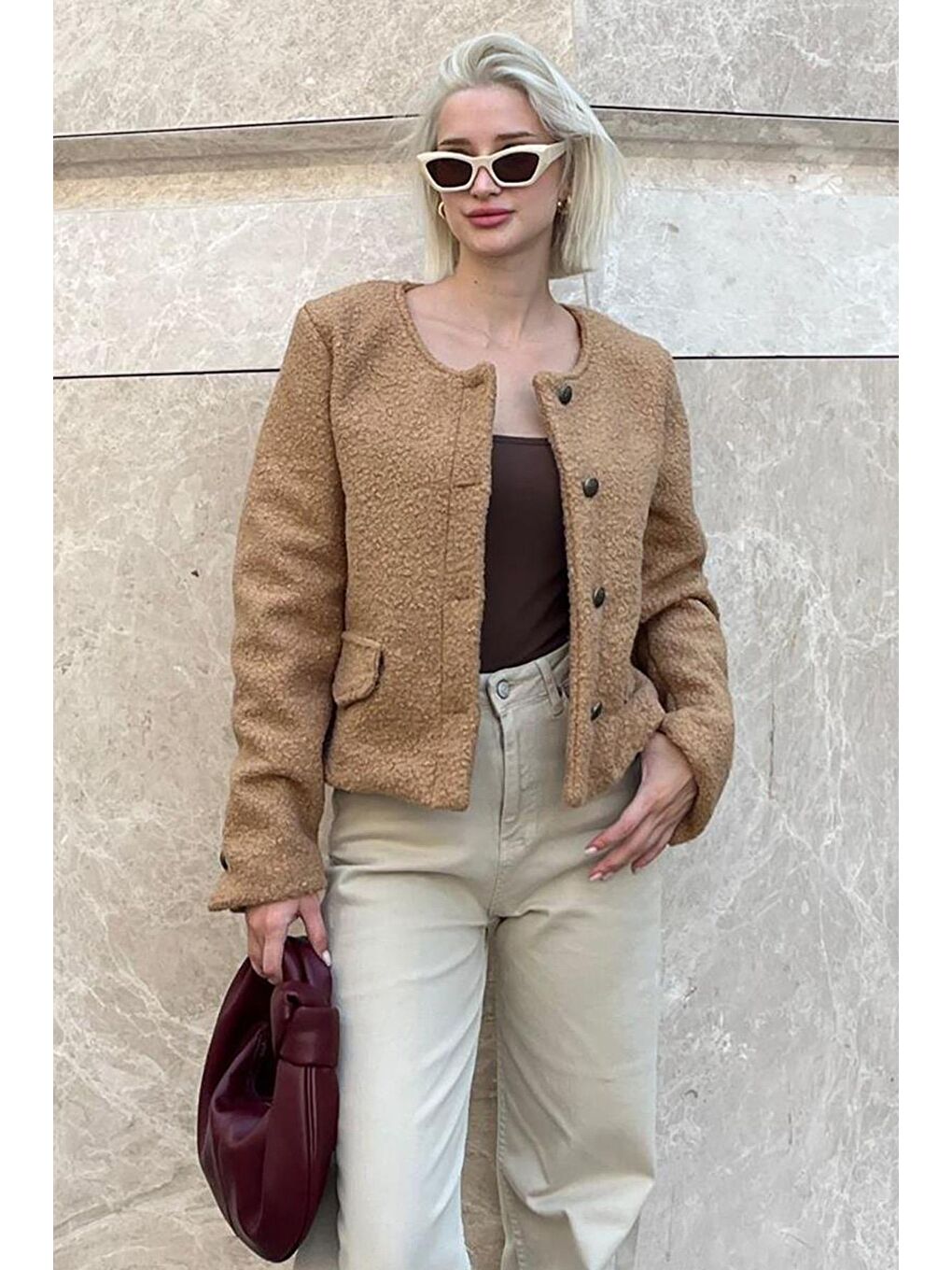Bej Vizon Düğmeli Buklet Triko Cep Detaylı Ceket Mg2170-1