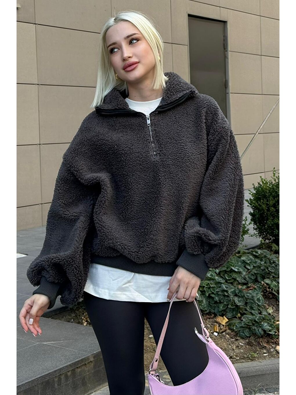 Gri Füme Peluş Fermuar Yaka Sweatshirt Mg1413