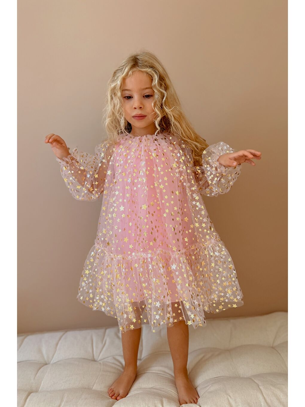 Pembe Balon Kollu Yıldız Baskılı Kız Çocuk Elbise - Daria-2