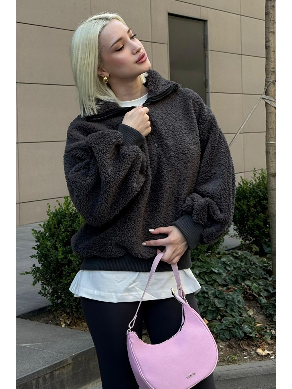 Gri Füme Peluş Fermuar Yaka Sweatshirt Mg1413-1