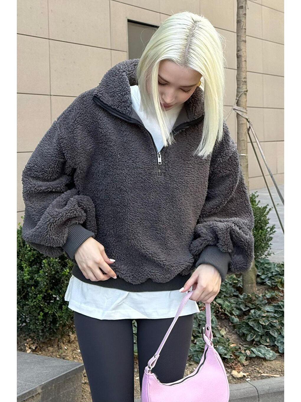 Gri Füme Peluş Fermuar Yaka Sweatshirt Mg1413-2