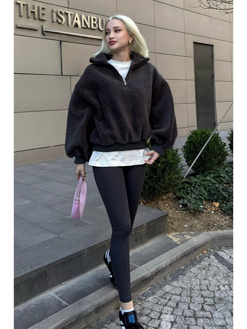 Gri Füme Peluş Fermuar Yaka Sweatshirt Mg1413-3