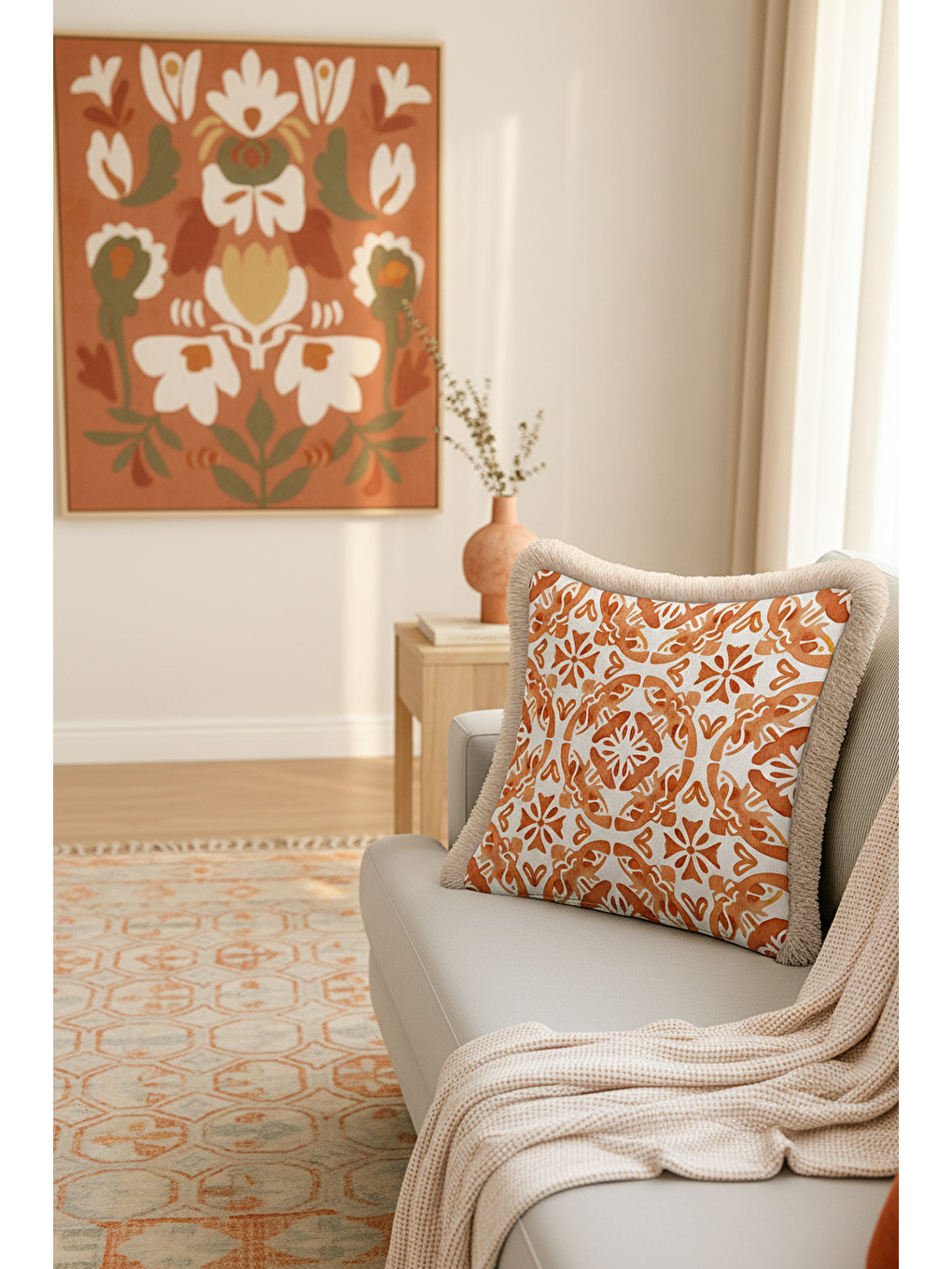 Karışık Boho Tarzı Zarif Saçaklı Yastık Kılıfı - Sıcak Akdeniz Rustik Kiremit Bej Püsküllü Kırlent Kılıfı-2