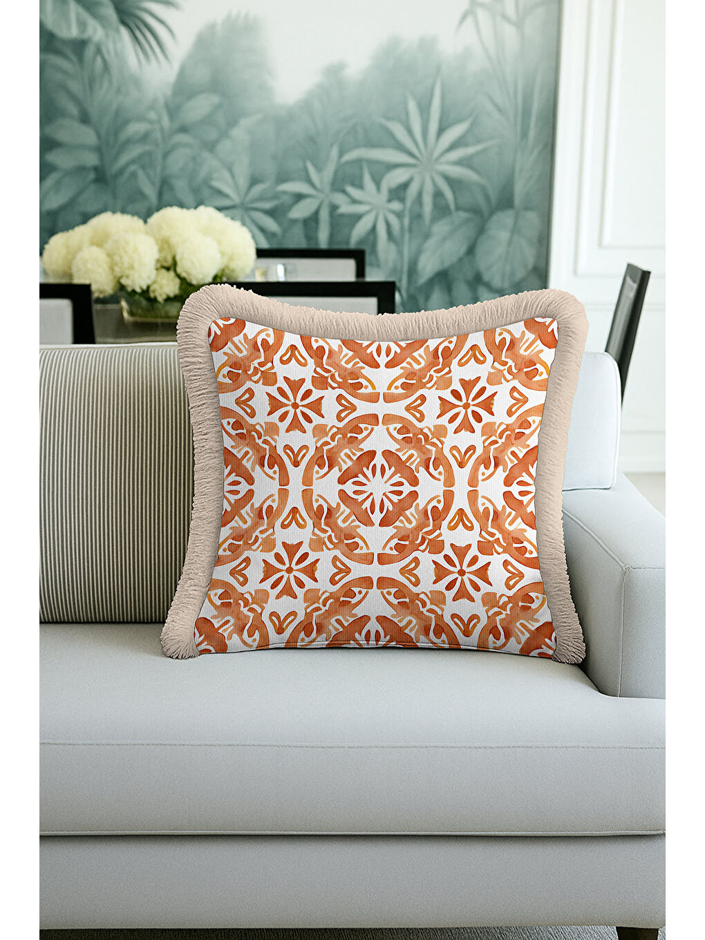 Karışık Boho Tarzı Zarif Saçaklı Yastık Kılıfı - Sıcak Akdeniz Rustik Kiremit Bej Püsküllü Kırlent Kılıfı-3