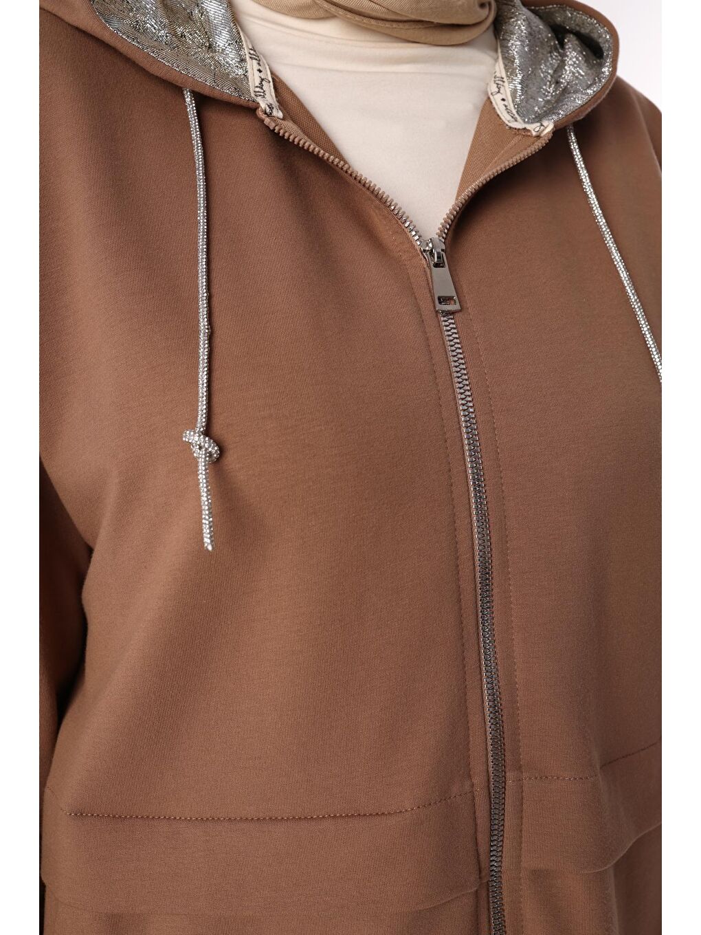 Bej Vizon Simli Garnili Fermuarlı Uzun Sweat Hırka-4