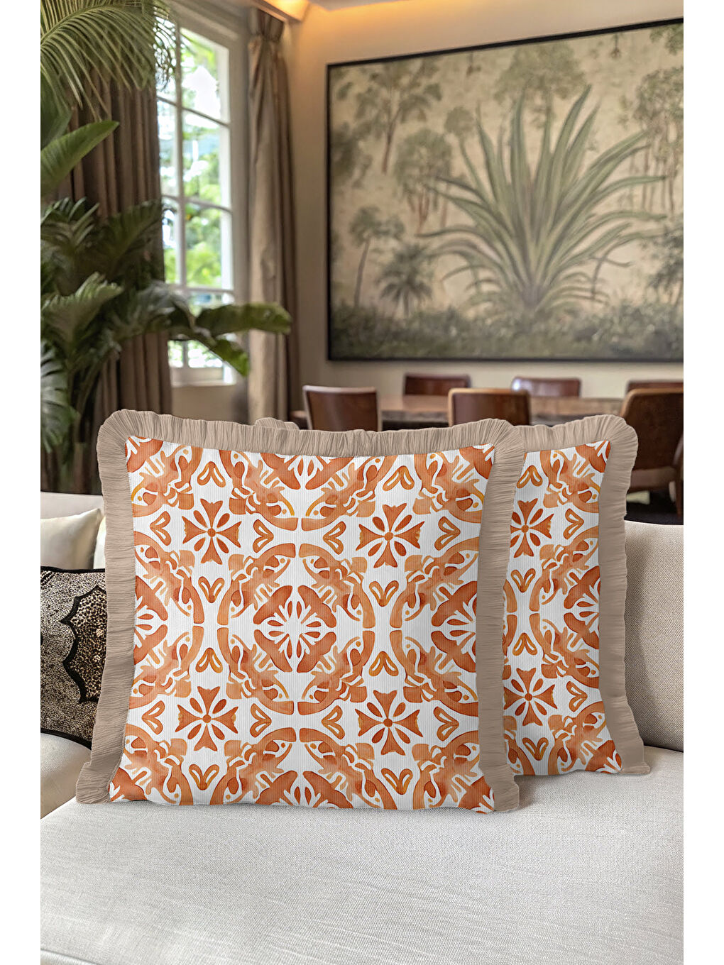 Karışık Boho Tarzı Zarif Saçaklı Yastık Kılıfı - Sıcak Akdeniz Rustik Kiremit Bej Püsküllü Kırlent Kılıfı-5