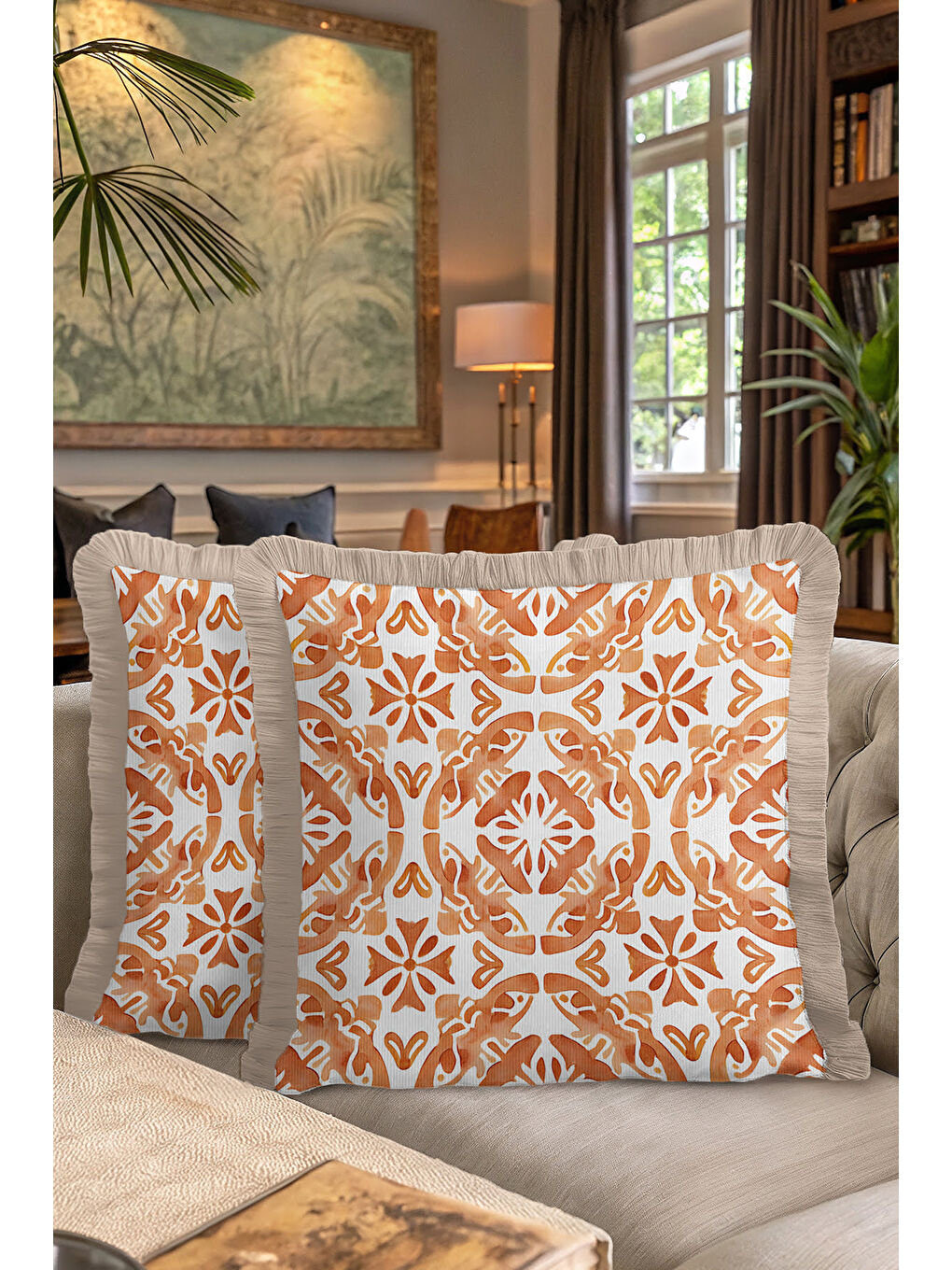 Karışık Boho Tarzı Zarif Saçaklı Yastık Kılıfı - Sıcak Akdeniz Rustik Kiremit Bej Püsküllü Kırlent Kılıfı-7