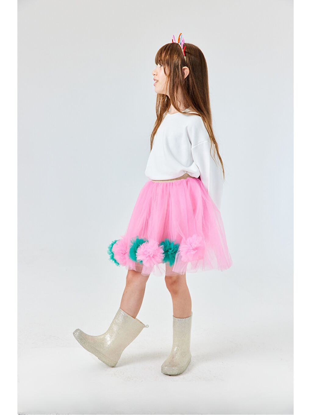 Pembe Ponpon Detaylı Kız Çocuk Etek - Hilda-1