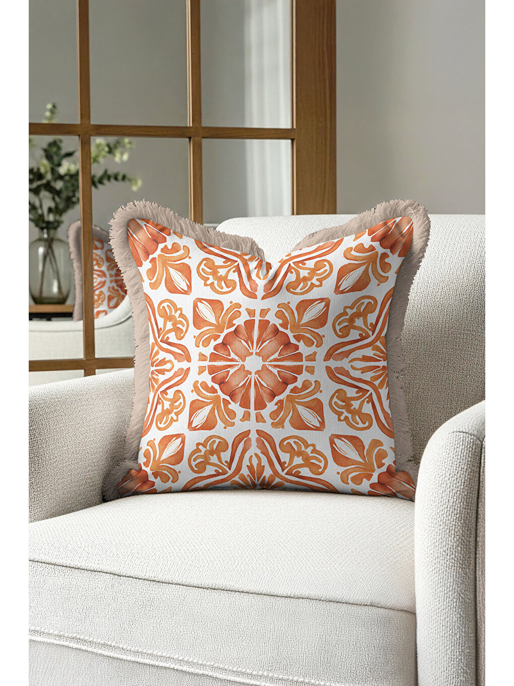 Karışık Barok Esintili Saçaklı Yastık Kılıfı - Akdeniz Stili Rustik Turuncu Bej Püsküllü Kırlent Kılıfı-1