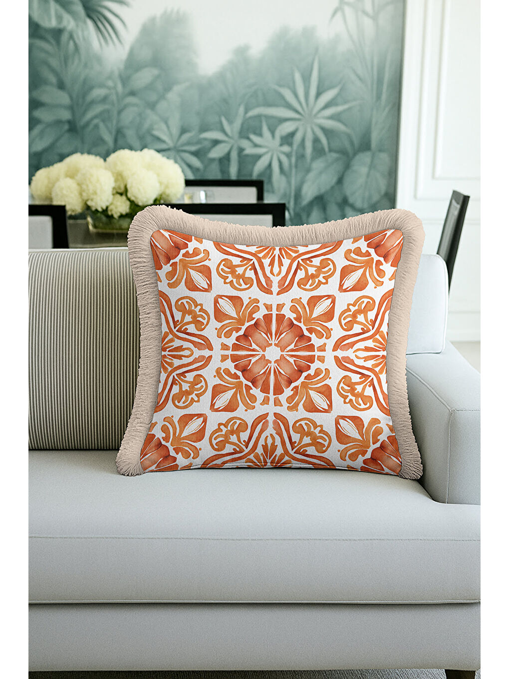 Karışık Barok Esintili Saçaklı Yastık Kılıfı - Akdeniz Stili Rustik Turuncu Bej Püsküllü Kırlent Kılıfı-2