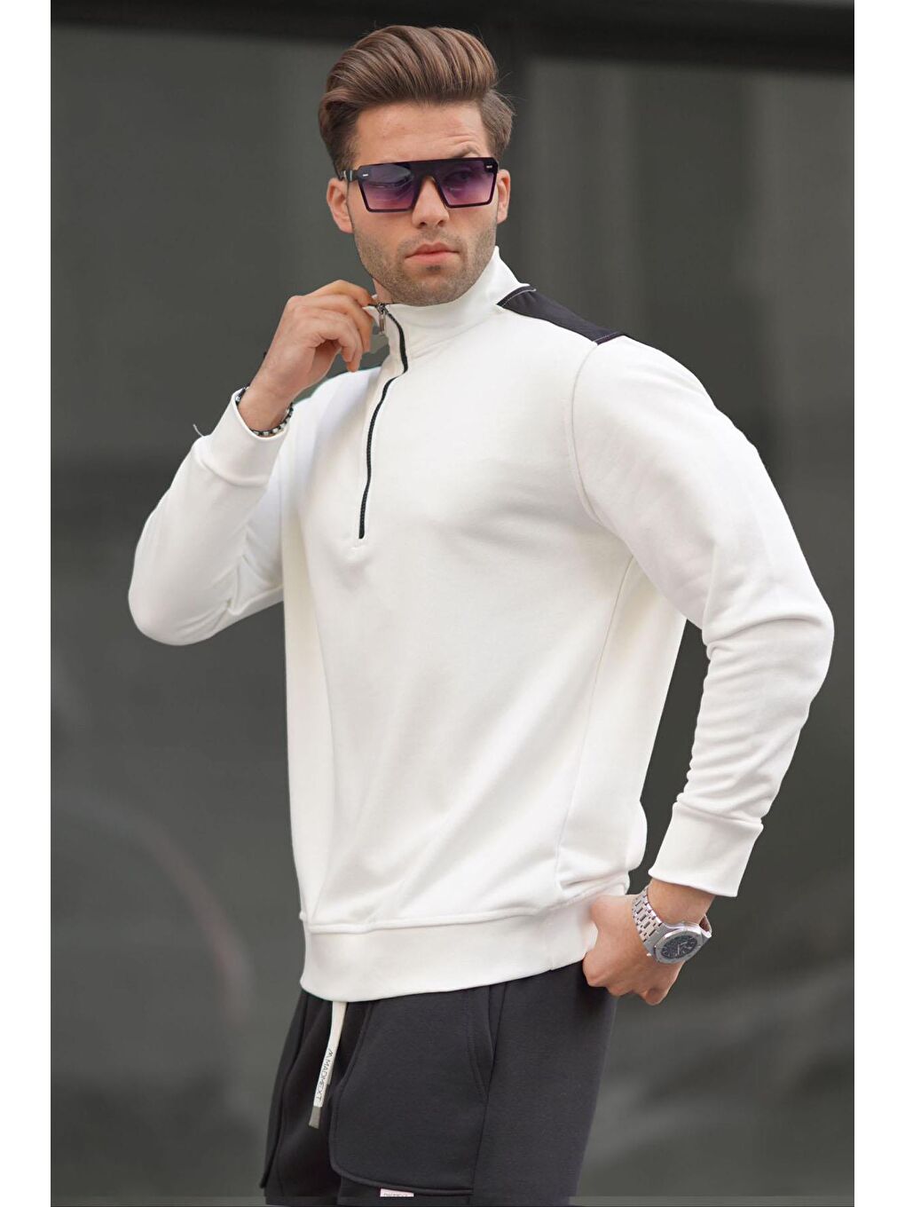 Ekru Fermuar Yaka Basic Erkek Sweatshirt 6157