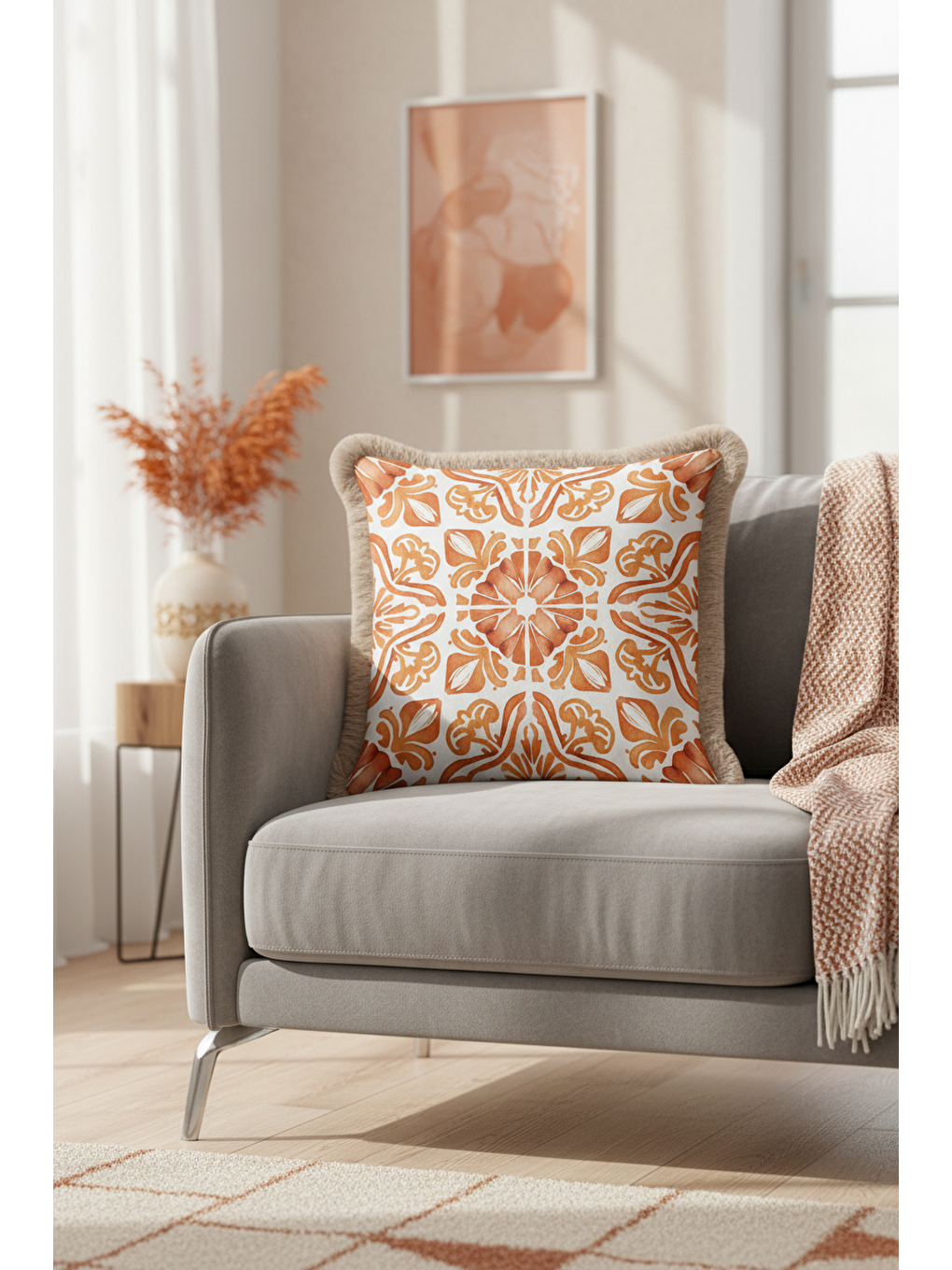 Karışık Barok Esintili Saçaklı Yastık Kılıfı - Akdeniz Stili Rustik Turuncu Bej Püsküllü Kırlent Kılıfı-3