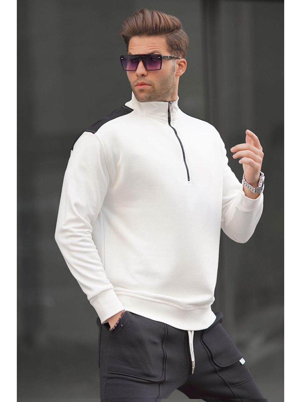 Ekru Fermuar Yaka Basic Erkek Sweatshirt 6157-1