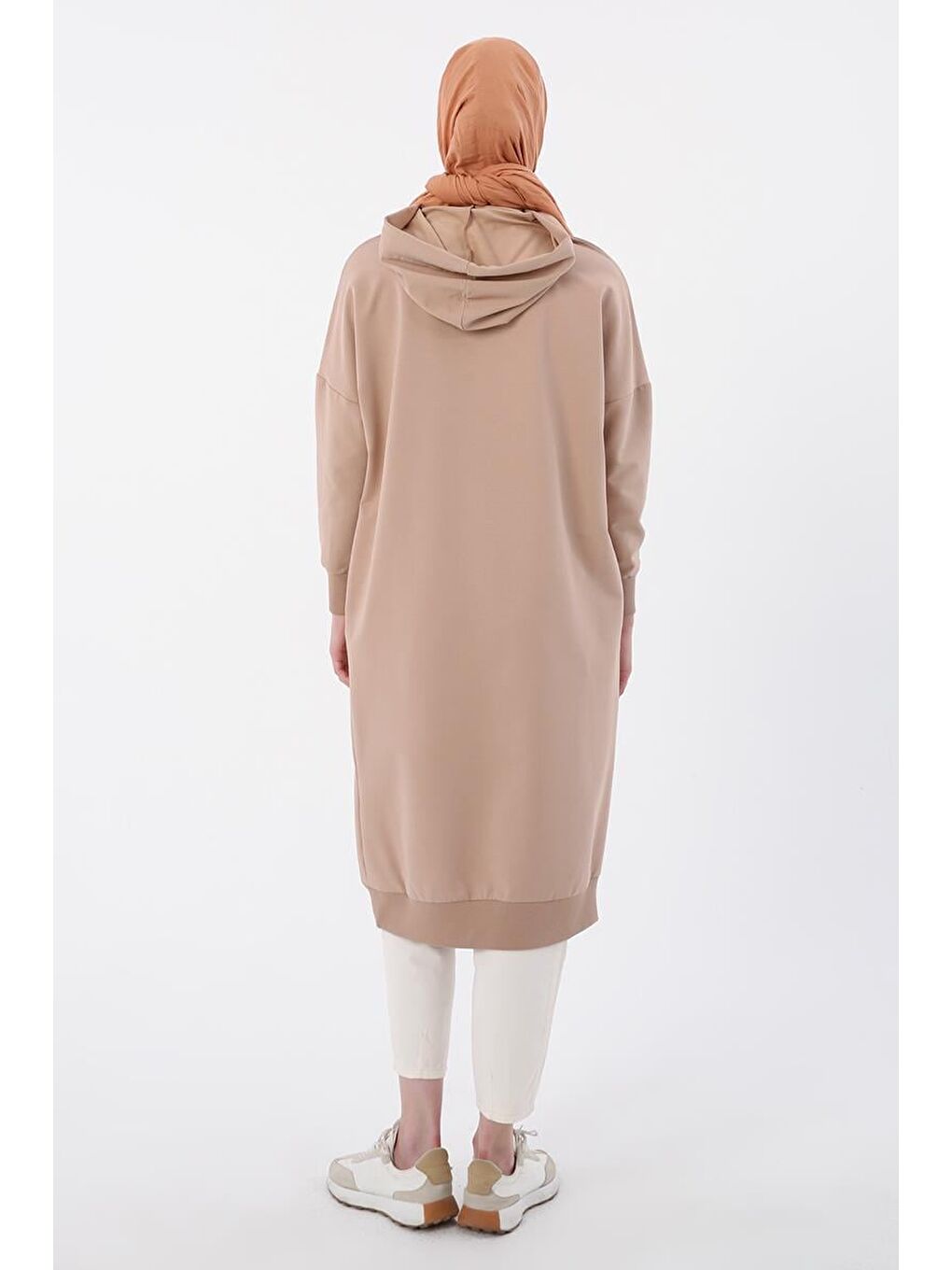 Bej Kuşgözlü Kapüşonlu Cepli Sweat Tunik-3