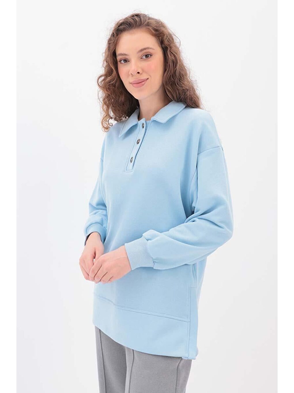 Açık Mavi Yanları Fermuarlı Yakalı Sweat Tunik