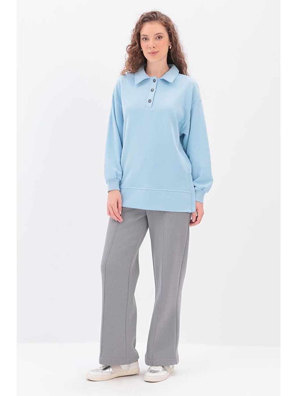 Açık Mavi Yanları Fermuarlı Yakalı Sweat Tunik-1