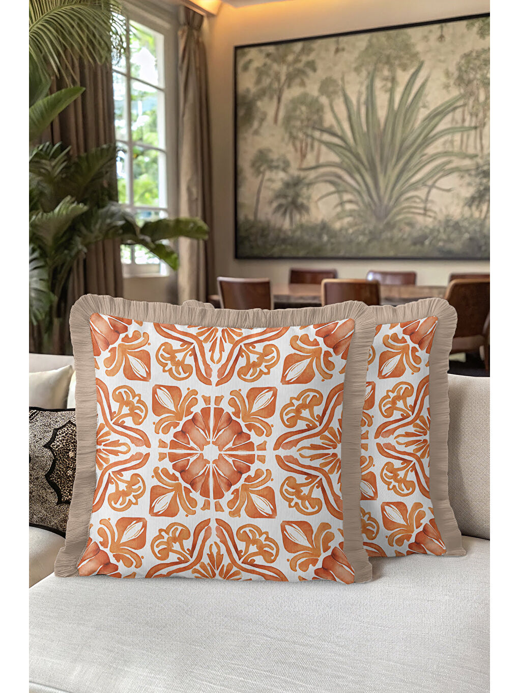 Karışık Barok Esintili Saçaklı Yastık Kılıfı - Akdeniz Stili Rustik Turuncu Bej Püsküllü Kırlent Kılıfı-5