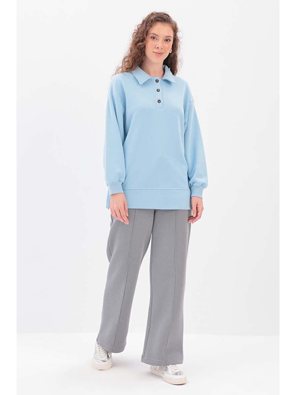 Açık Mavi Yanları Fermuarlı Yakalı Sweat Tunik-2