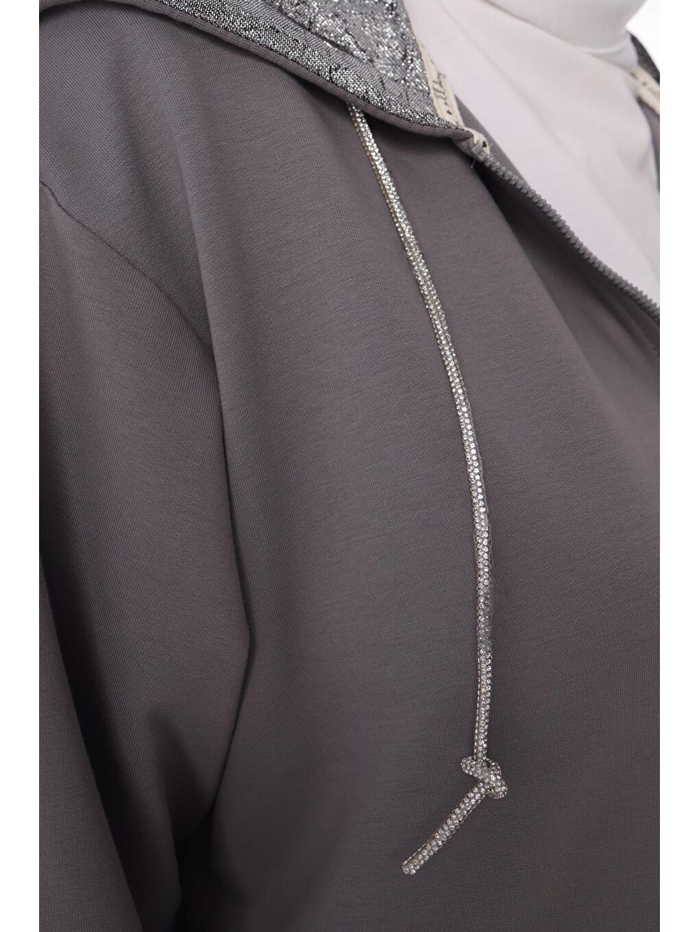 Gri Simli Garnili Fermuarlı Uzun Sweat Hırka-4