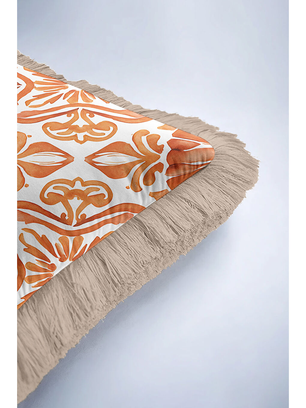 Karışık Barok Esintili Saçaklı Yastık Kılıfı - Akdeniz Stili Rustik Turuncu Bej Püsküllü Kırlent Kılıfı-6