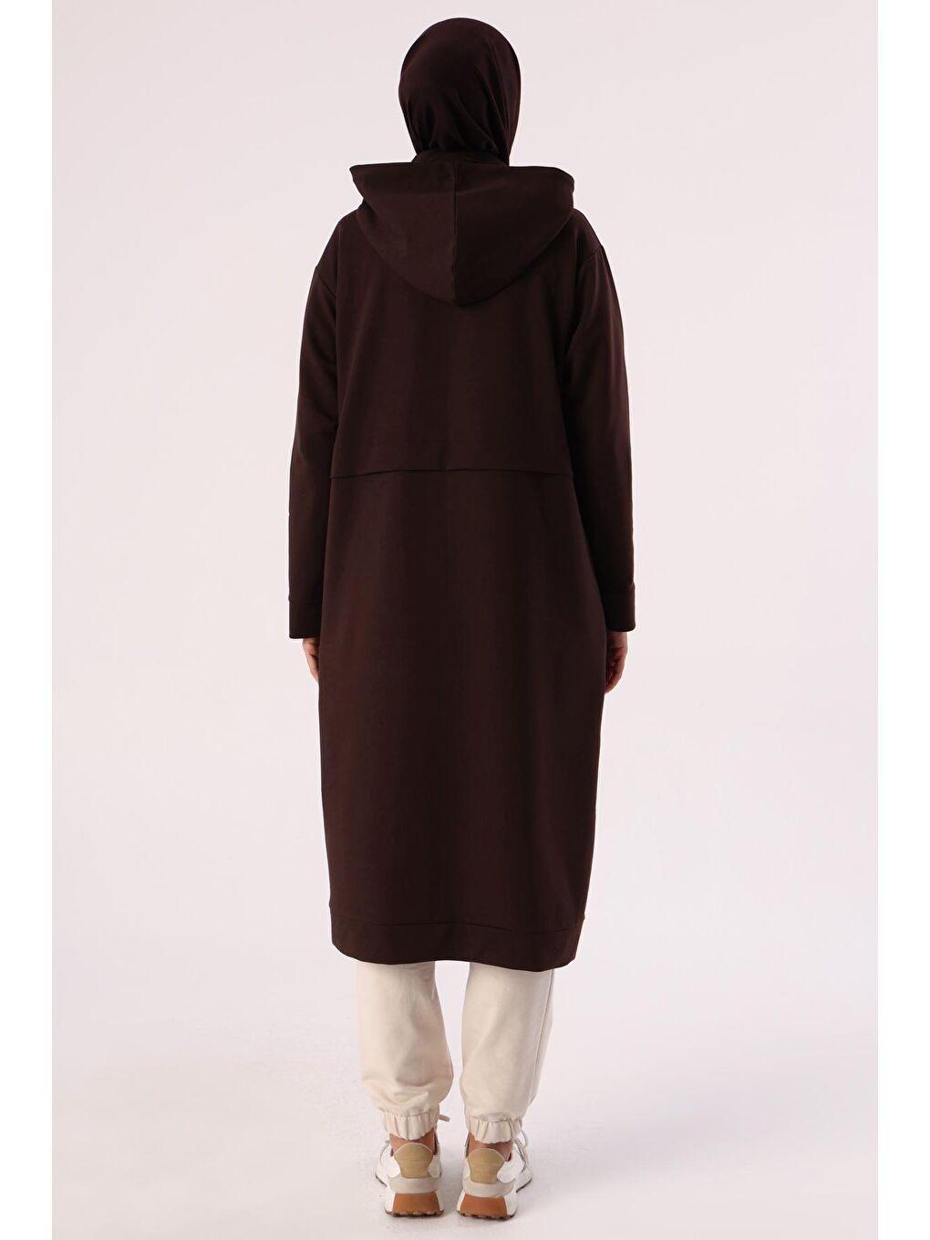 Kahverengi Acı Kahve Simli Garnili Fermuarlı Uzun Sweat Hırka-3