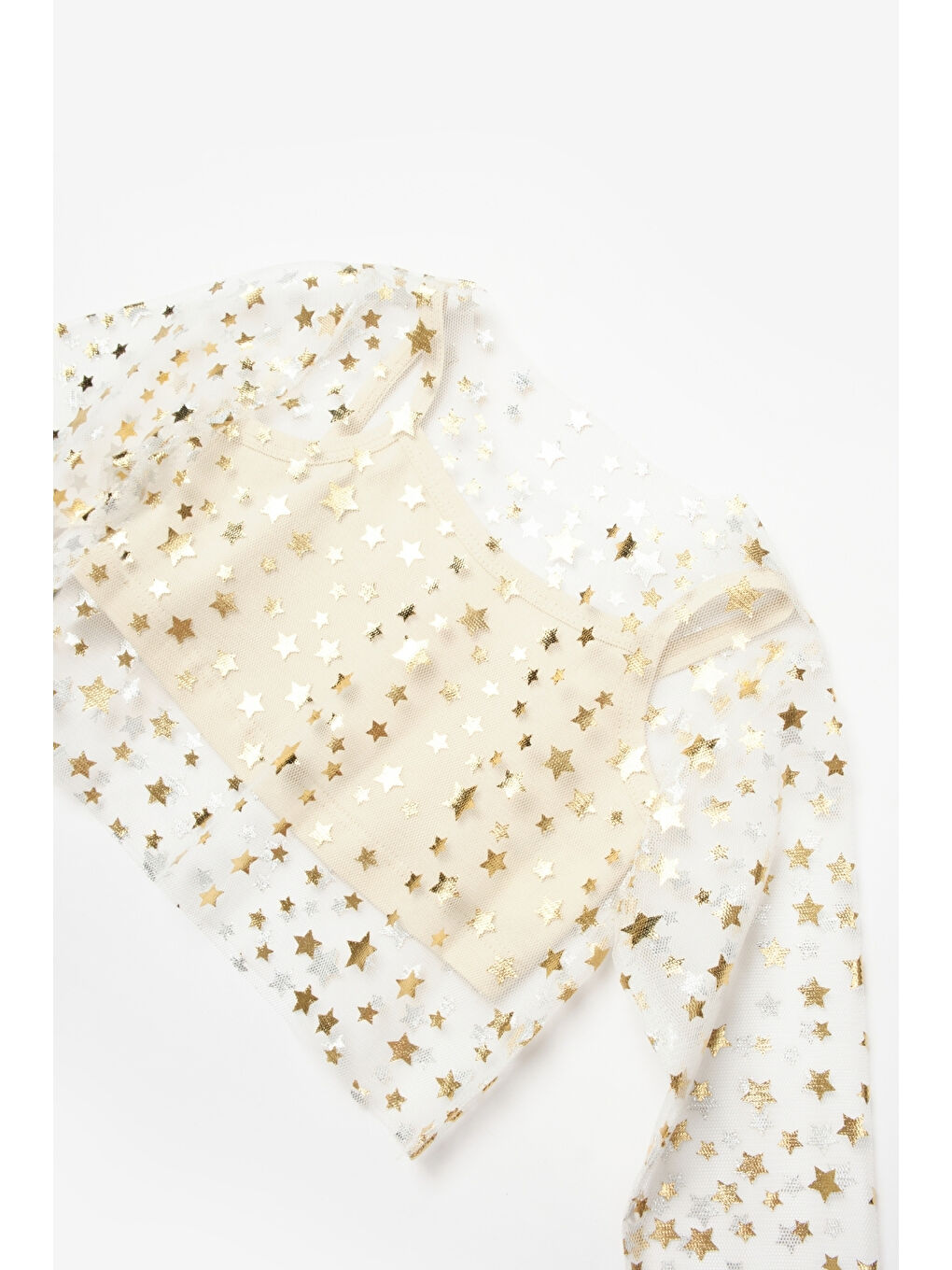 Ekru Uzun Kollu Yıldızlı Kız Çocuk Tül Crop-2