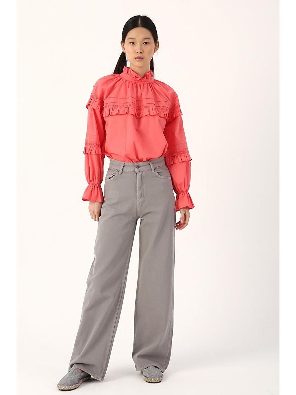 Gri-Rahat Kalıp Bol Paça Pantolon-1