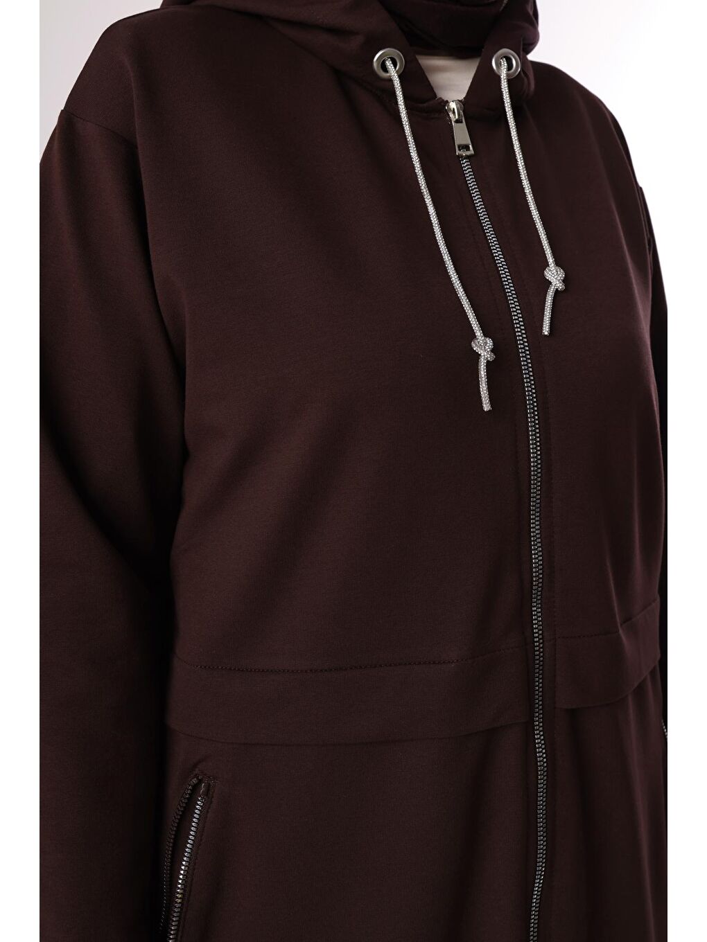 Kahverengi Acı Kahve Simli Garnili Fermuarlı Uzun Sweat Hırka-4