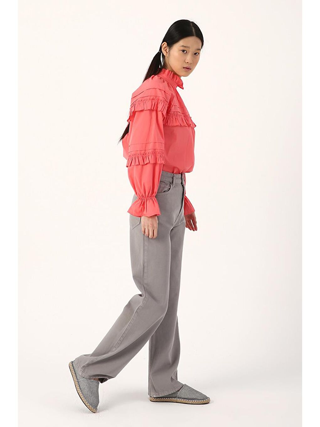 Gri-Rahat Kalıp Bol Paça Pantolon-2