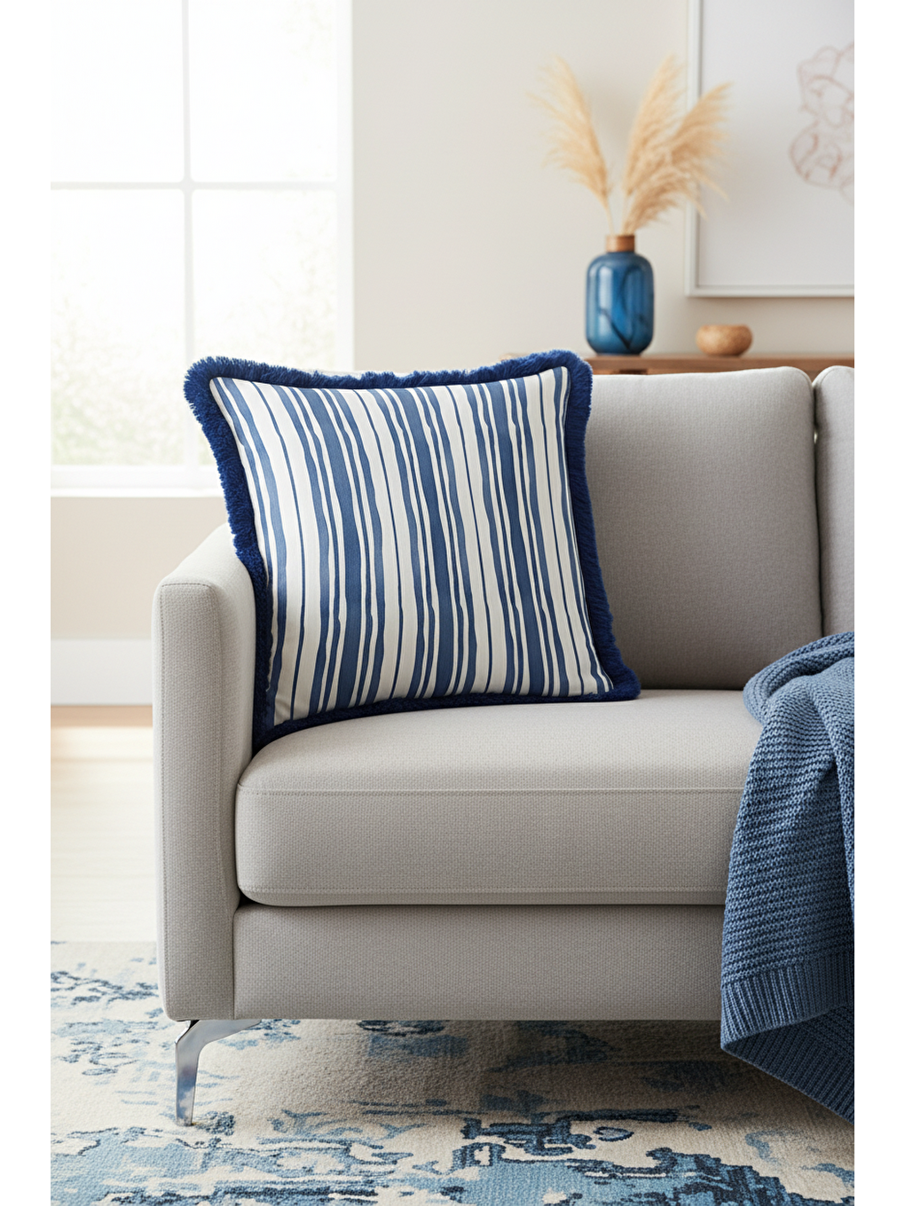 Karışık Zarif Çizgili Saçaklı Yastık Kılıfı - Marin Temalı Modern Lacivert Beyaz Püsküllü Kırlent Kılıfı-1