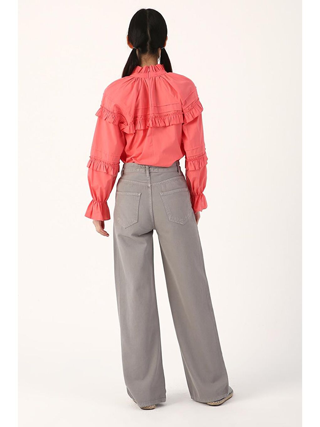 Gri-Rahat Kalıp Bol Paça Pantolon-3