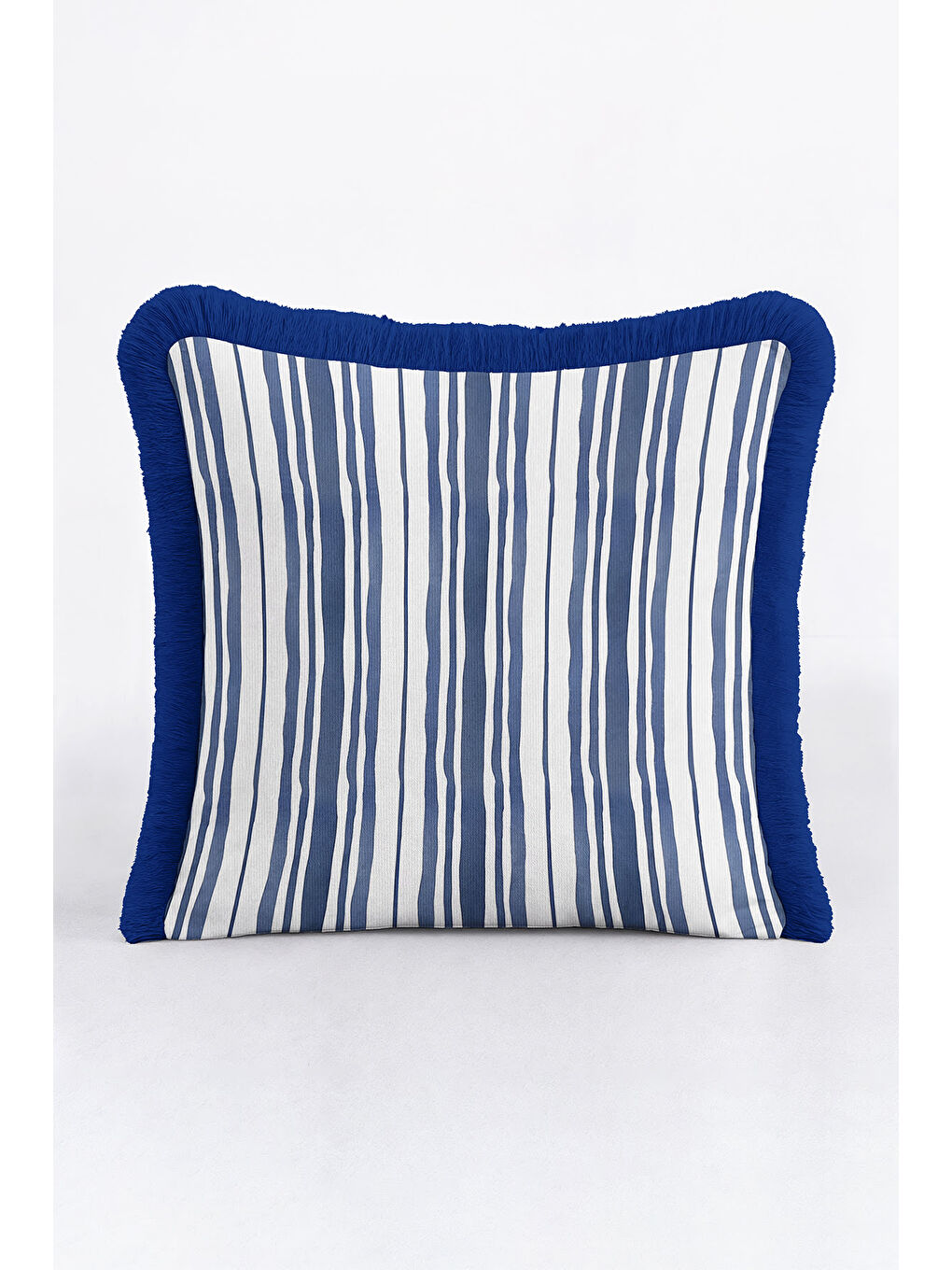 Karışık Zarif Çizgili Saçaklı Yastık Kılıfı - Marin Temalı Modern Lacivert Beyaz Püsküllü Kırlent Kılıfı-3