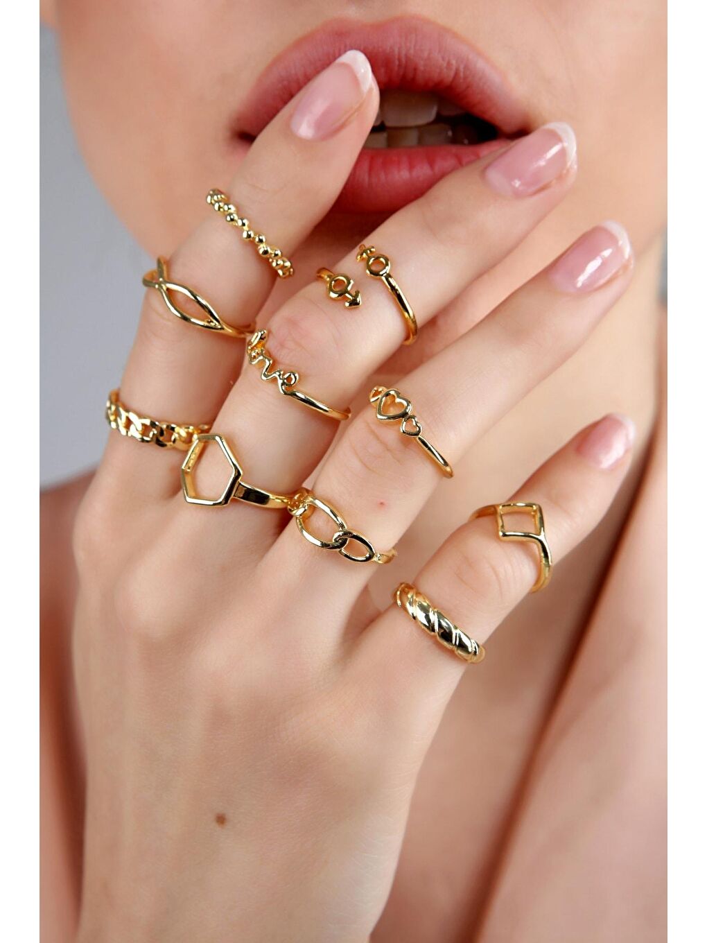 Sarı Kadın Altın Kaplama 10'lu Yüzük Seti-3