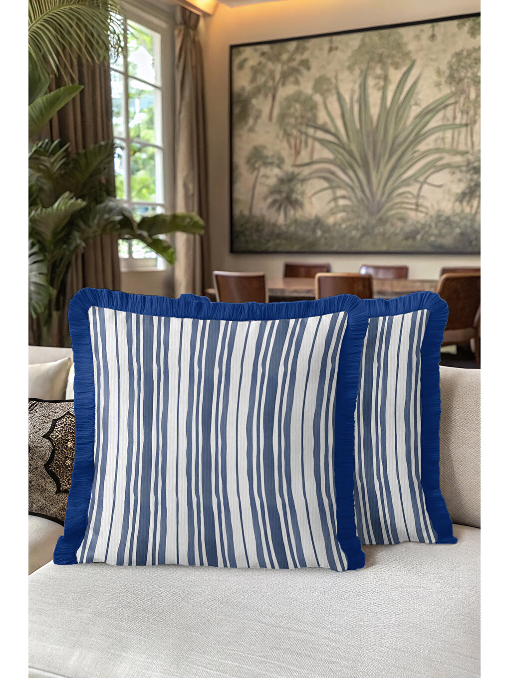 Karışık Zarif Çizgili Saçaklı Yastık Kılıfı - Marin Temalı Modern Lacivert Beyaz Püsküllü Kırlent Kılıfı-5
