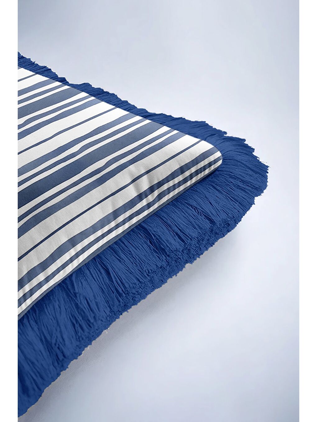 Karışık Zarif Çizgili Saçaklı Yastık Kılıfı - Marin Temalı Modern Lacivert Beyaz Püsküllü Kırlent Kılıfı-6