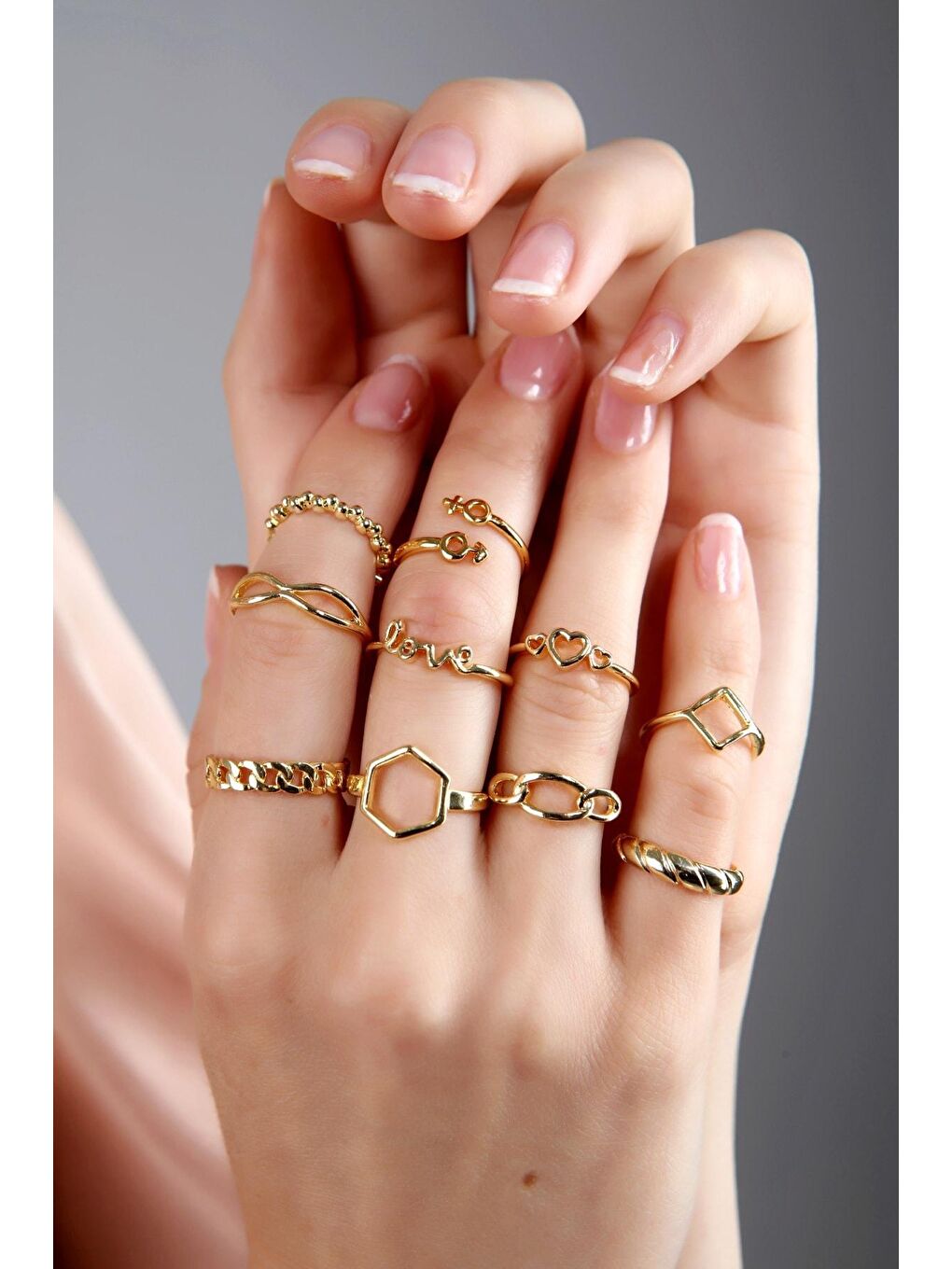 Sarı Kadın Altın Kaplama 10'lu Yüzük Seti-4