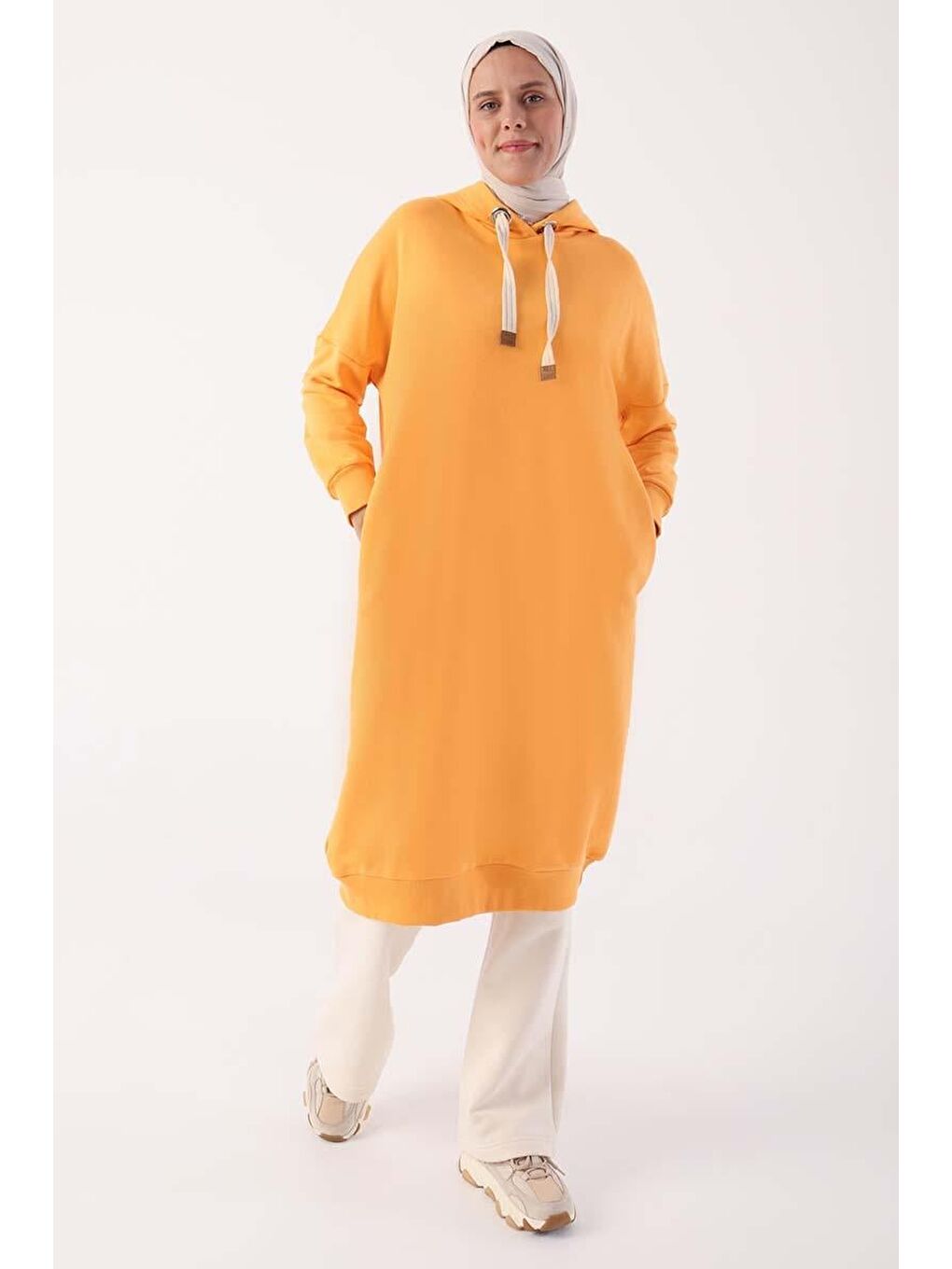 Turuncu Kuşgözlü Kapüşonlu Cepli Hoodie Tunik