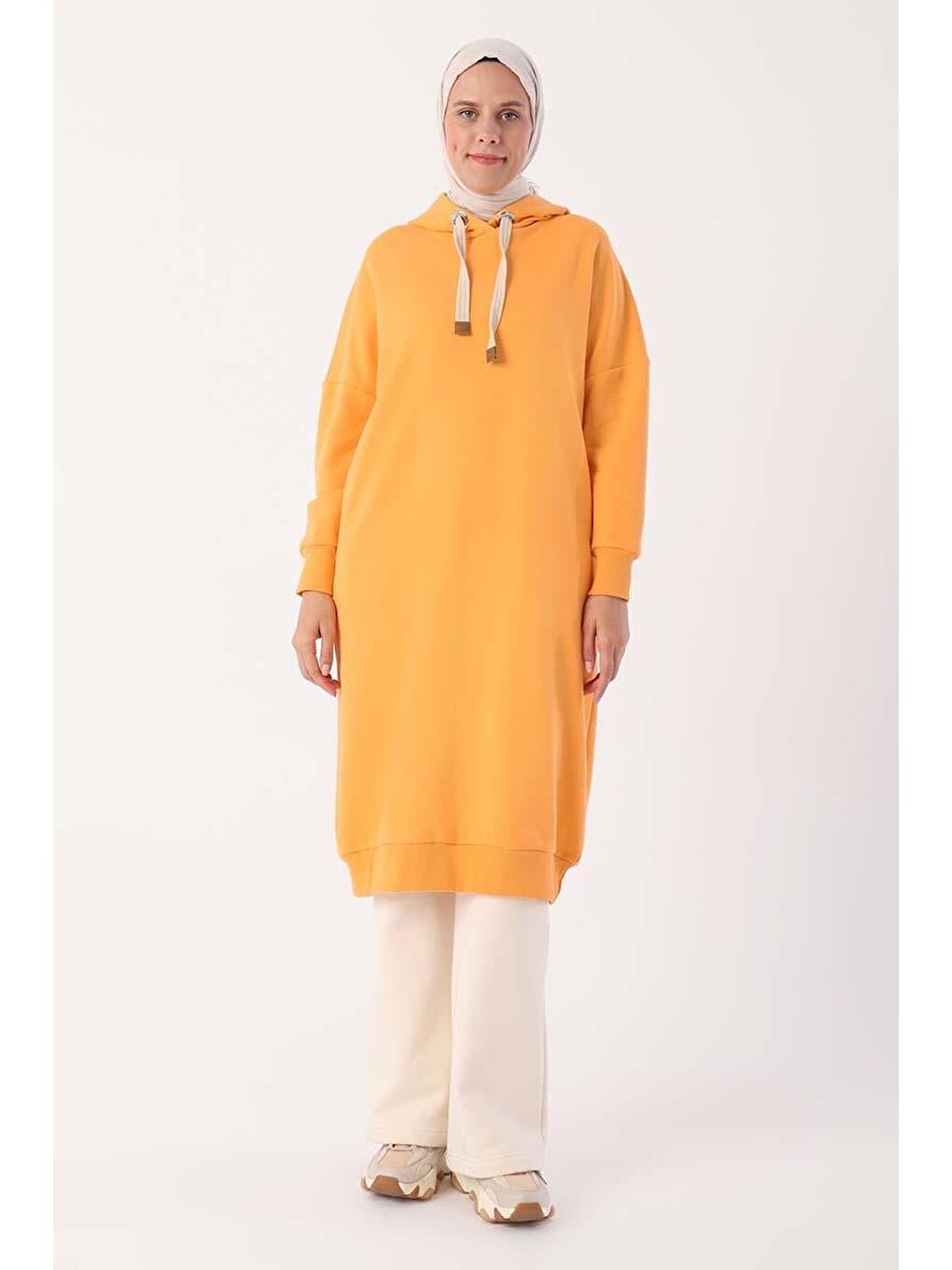 Turuncu Kuşgözlü Kapüşonlu Cepli Hoodie Tunik-1