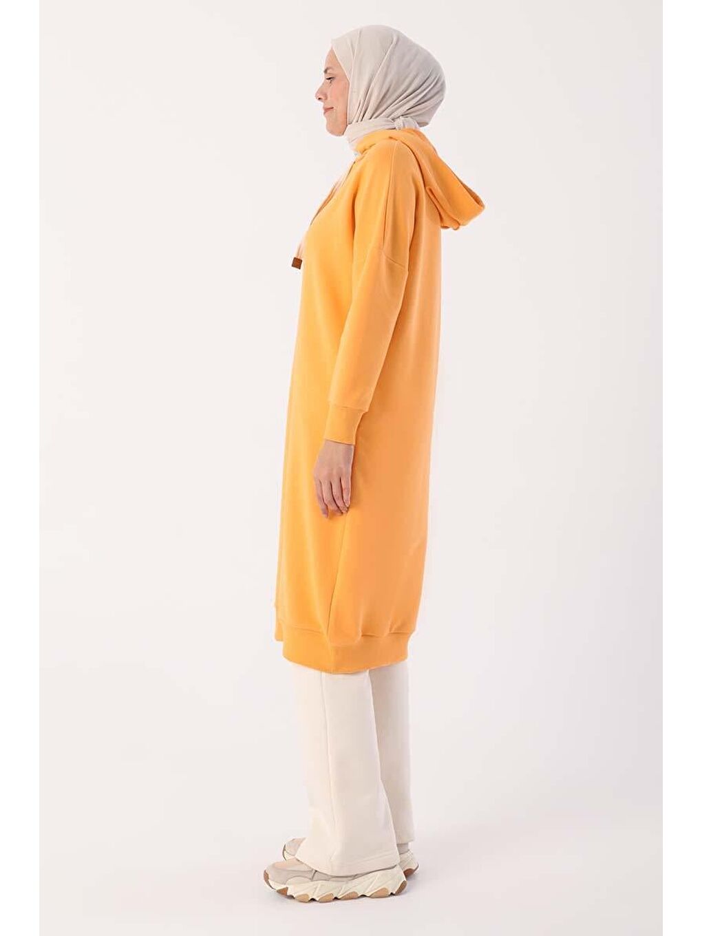 Turuncu Kuşgözlü Kapüşonlu Cepli Hoodie Tunik-2