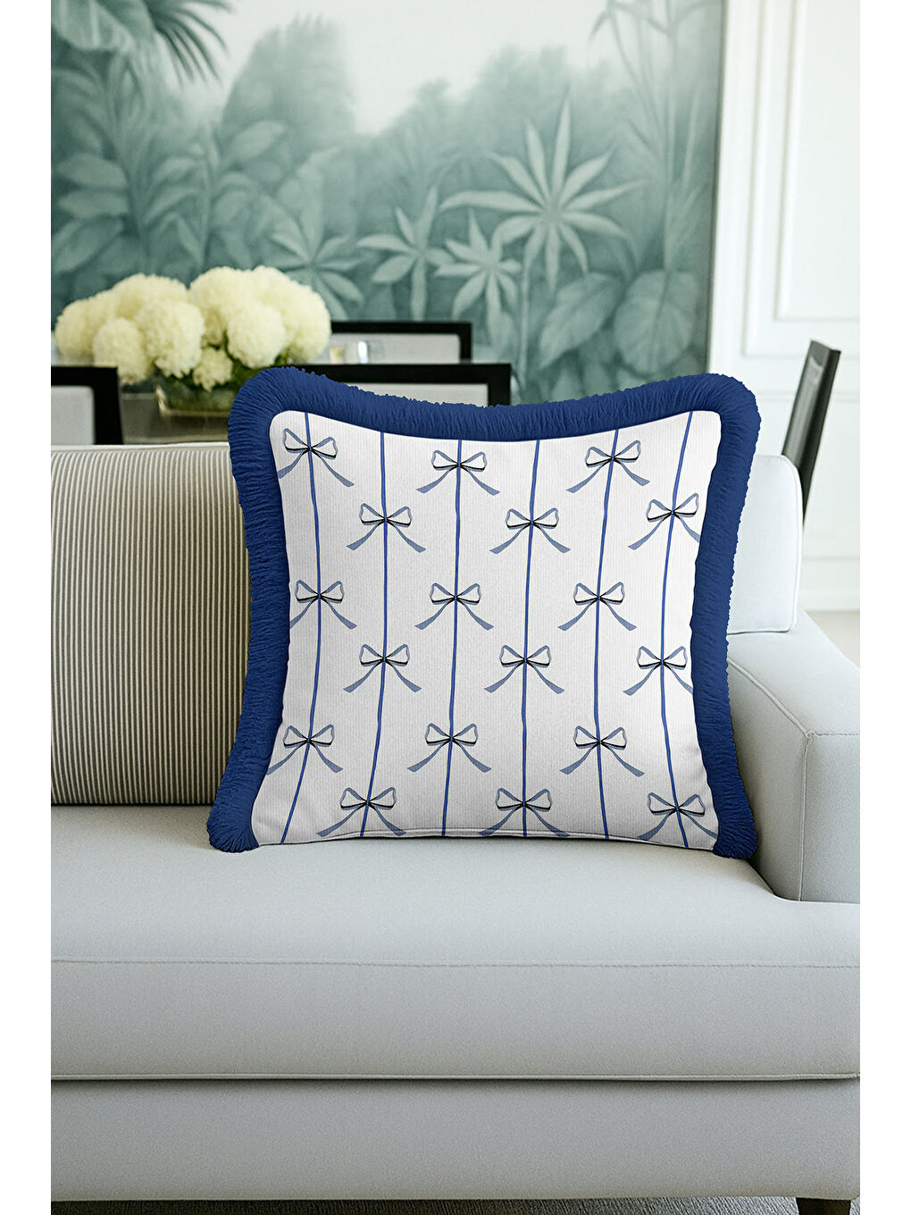 Karışık Zarif Kurdele Motifli Saçaklı Yastık Kılıfı - Pastel Mavi Modern Beyaz Mavi Püsküllü Kırlent Kılıfı-1