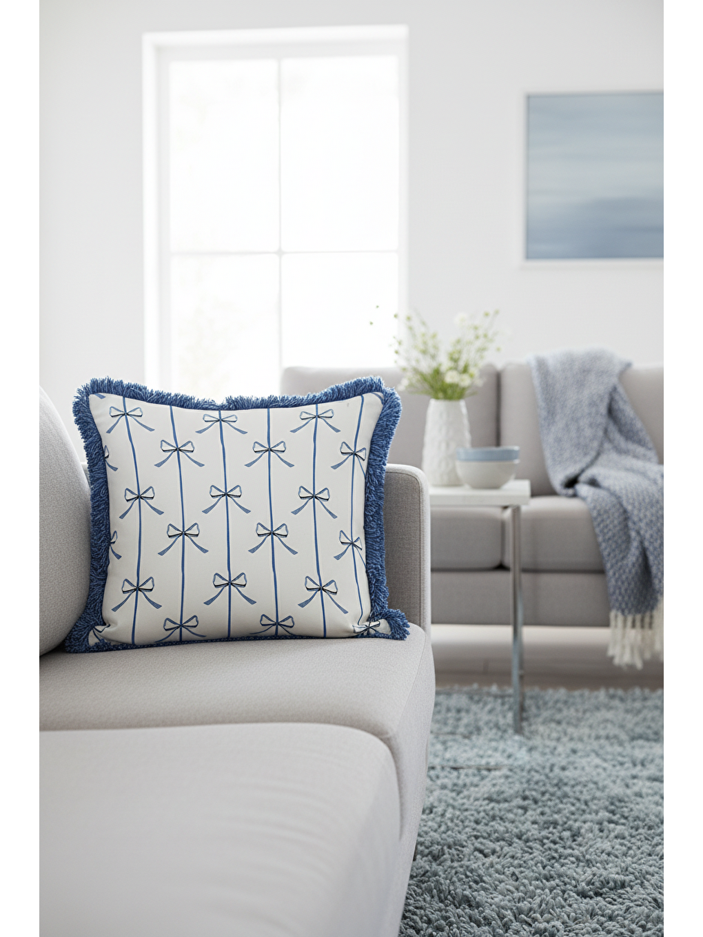 Karışık Zarif Kurdele Motifli Saçaklı Yastık Kılıfı - Pastel Mavi Modern Beyaz Mavi Püsküllü Kırlent Kılıfı-2