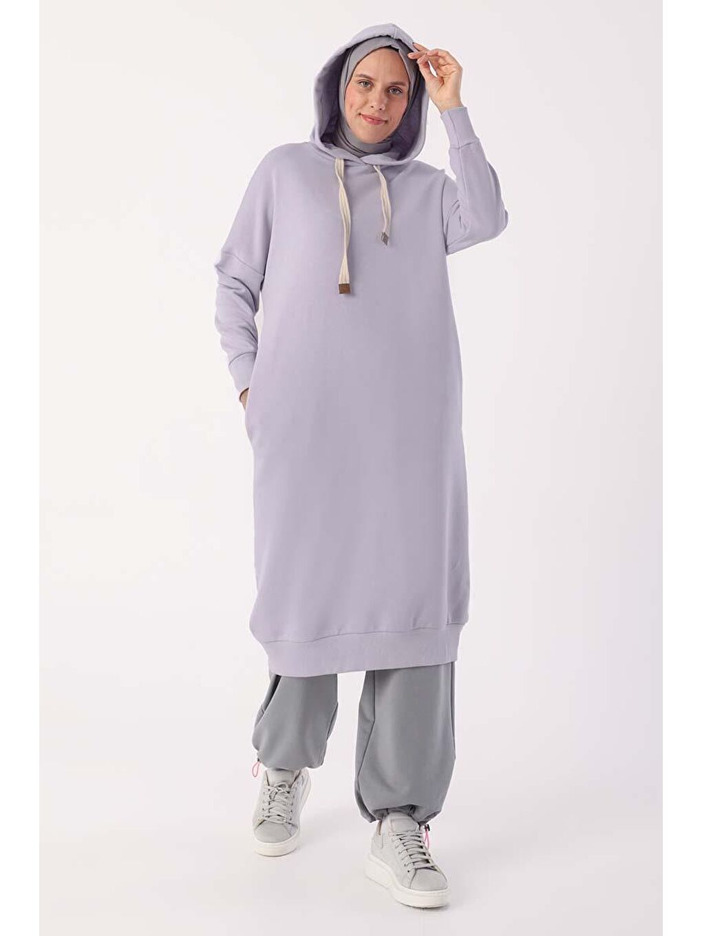 Açık Lila Kuşgözlü Kapüşonlu Cepli Hoodie Tunik