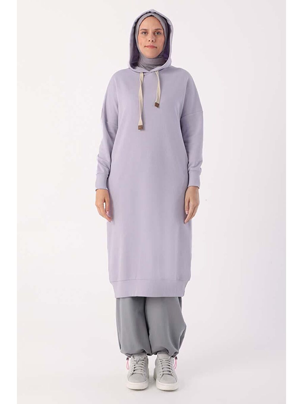 Açık Lila Kuşgözlü Kapüşonlu Cepli Hoodie Tunik-1