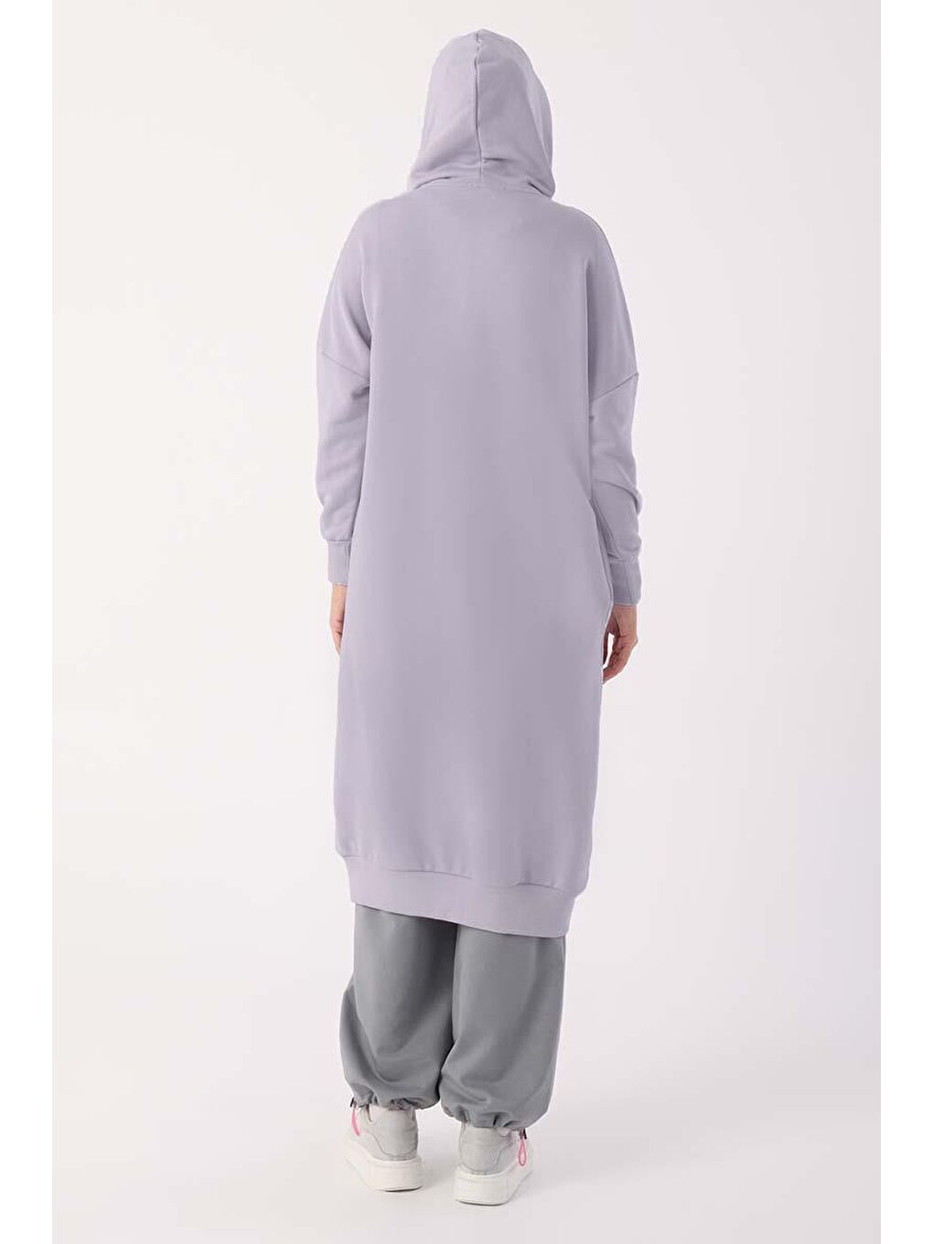 Açık Lila Kuşgözlü Kapüşonlu Cepli Hoodie Tunik-3