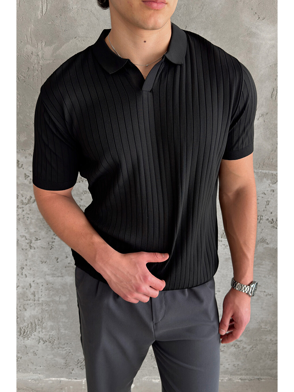 Siyah Erkek Oversize Fitilli Polo Yaka İnce Triko Tişört-5