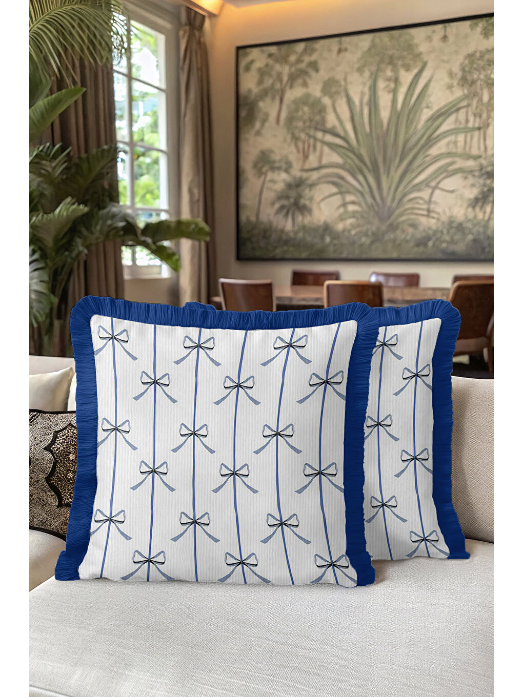 Karışık Zarif Kurdele Motifli Saçaklı Yastık Kılıfı - Pastel Mavi Modern Beyaz Mavi Püsküllü Kırlent Kılıfı-5